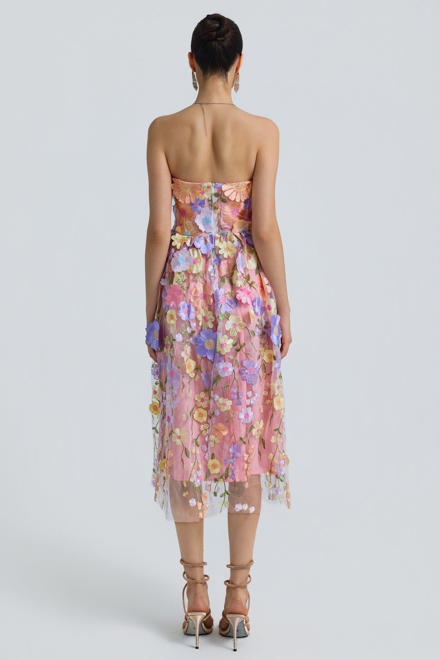 Tulle 3D Floral Strapless Midi Dress