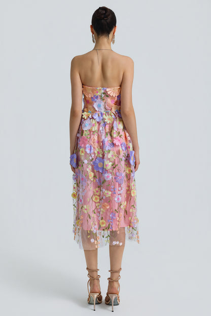 Tulle 3D Floral Strapless Midi Dress