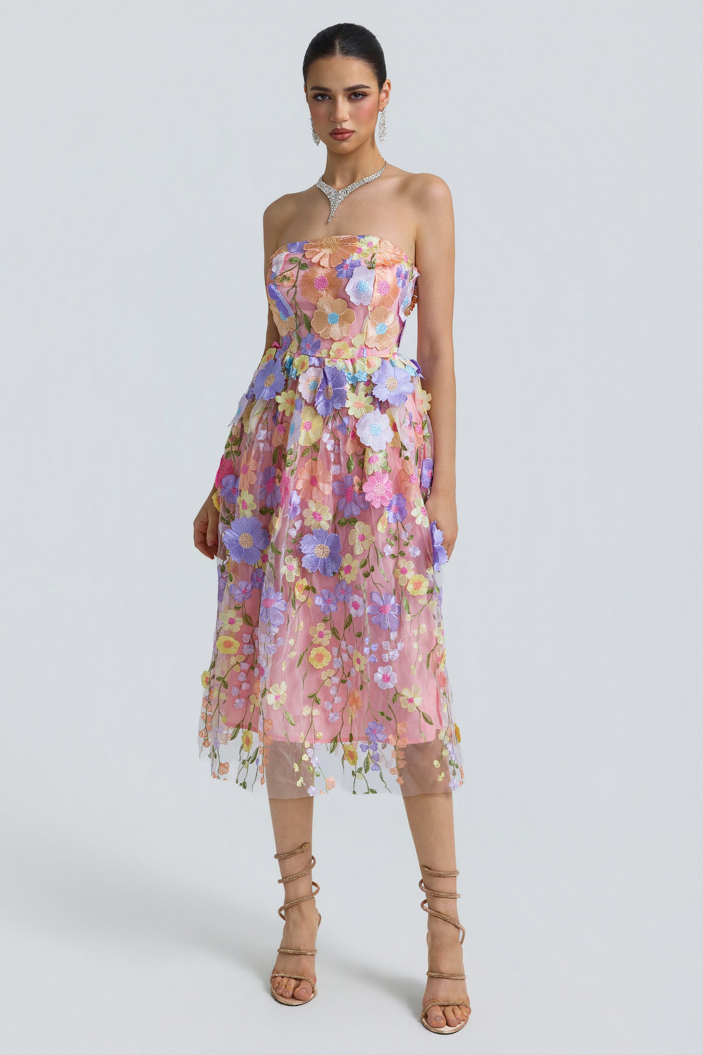 Tulle 3D Floral Strapless Midi Dress