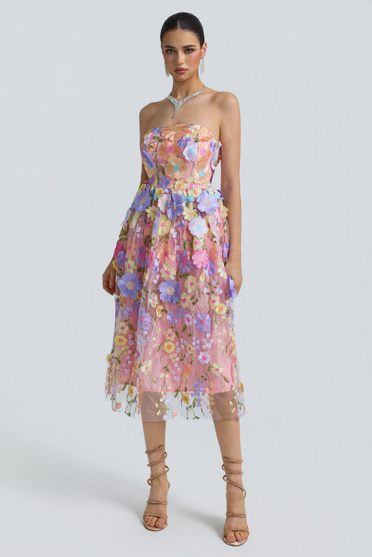 Tulle 3D Floral Strapless Midi Dress