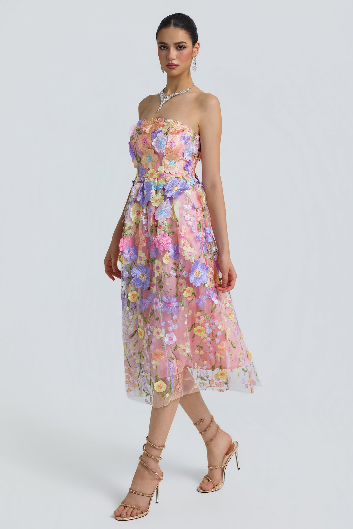 Tulle 3D Floral Strapless Midi Dress