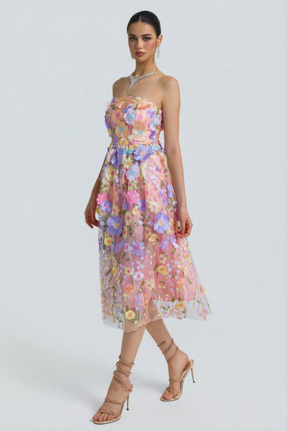 Tulle 3D Floral Strapless Midi Dress