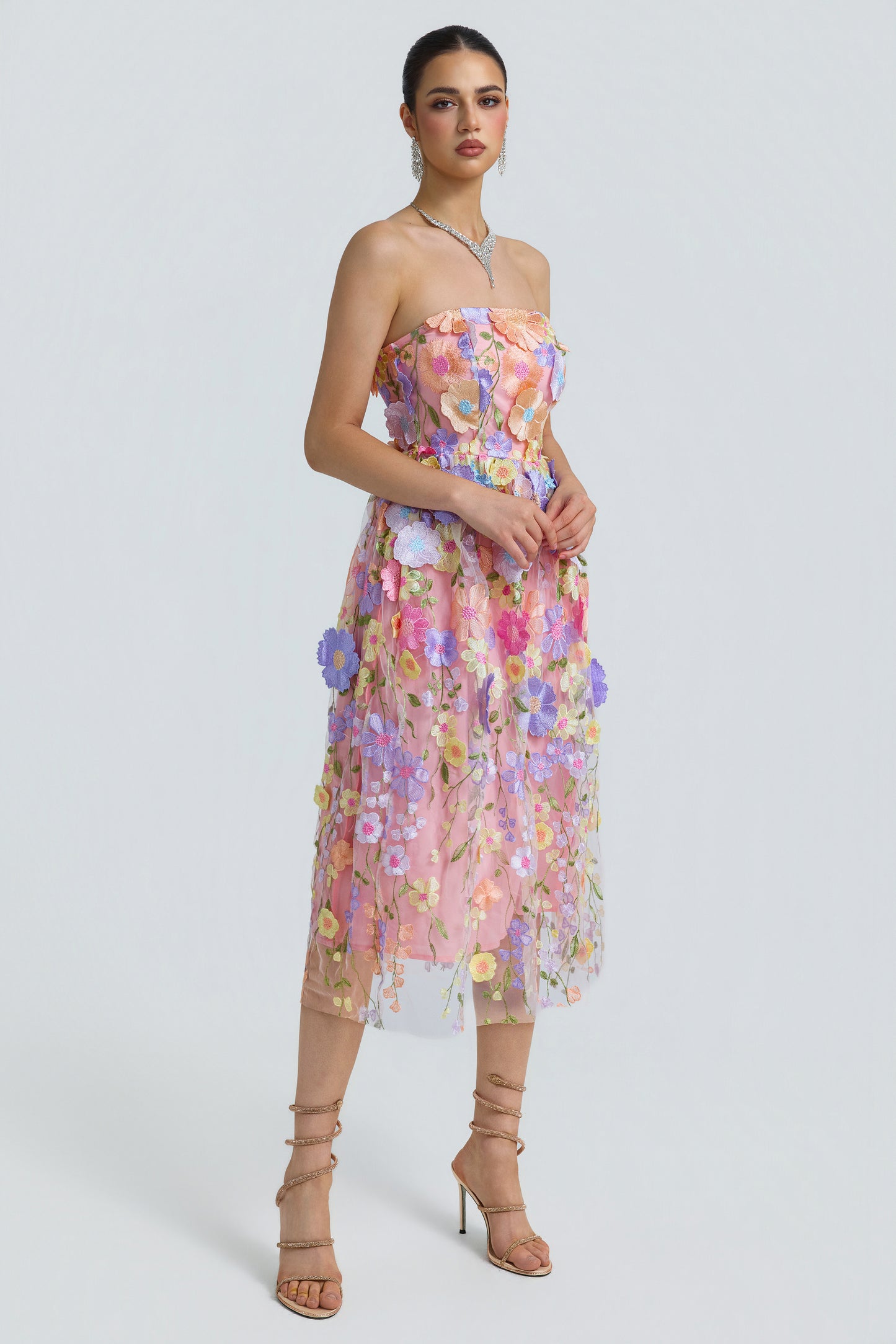 Tulle 3D Floral Strapless Midi Dress