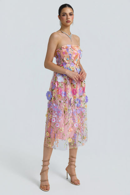 Tulle 3D Floral Strapless Midi Dress