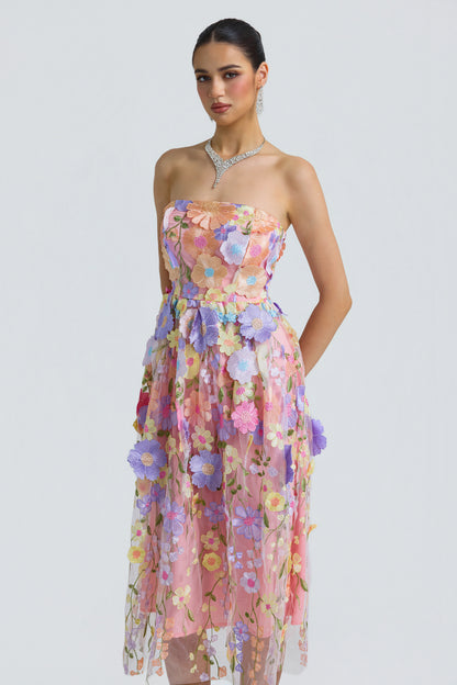 Tulle 3D Floral Strapless Midi Dress