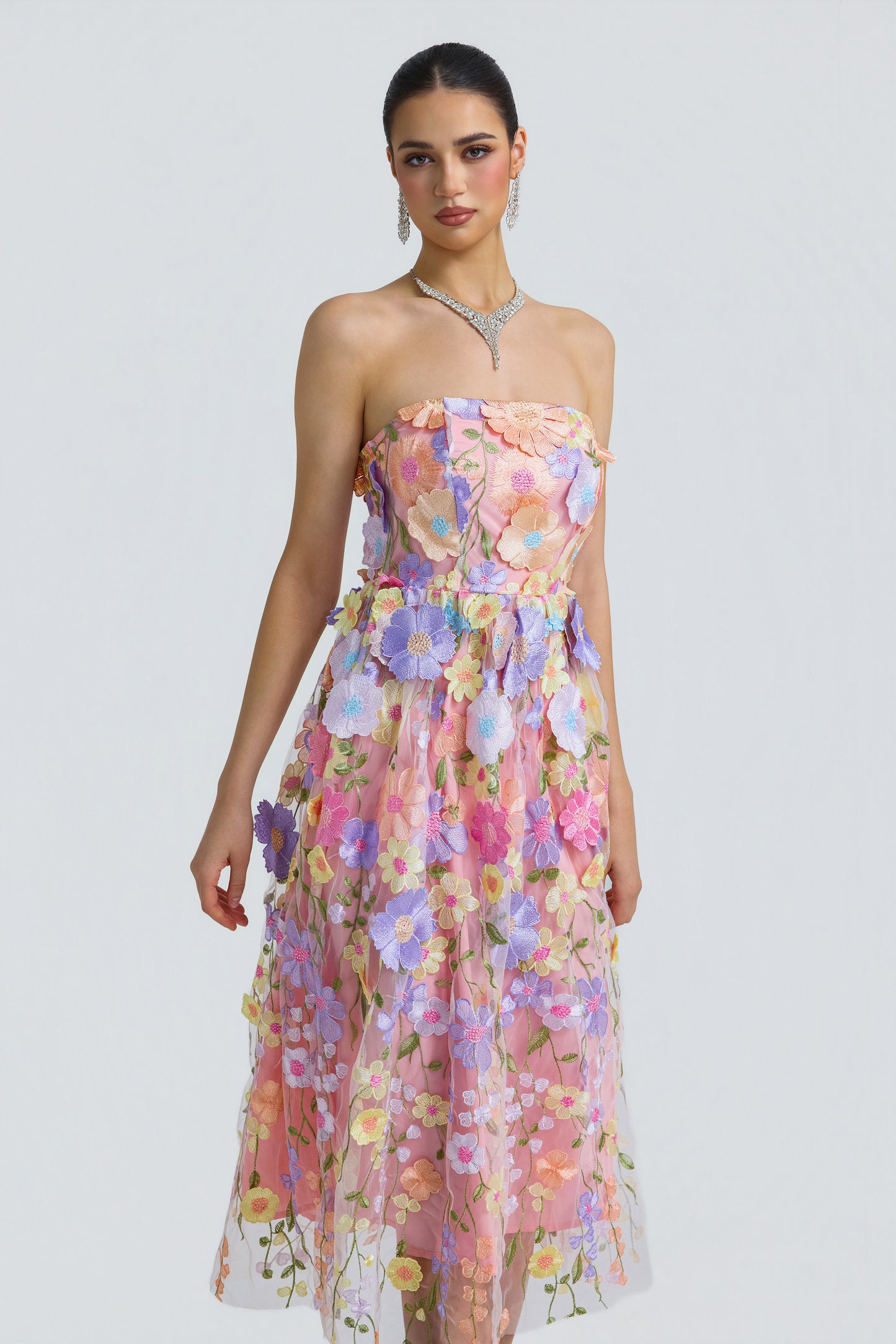 Tulle 3D Floral Strapless Midi Dress