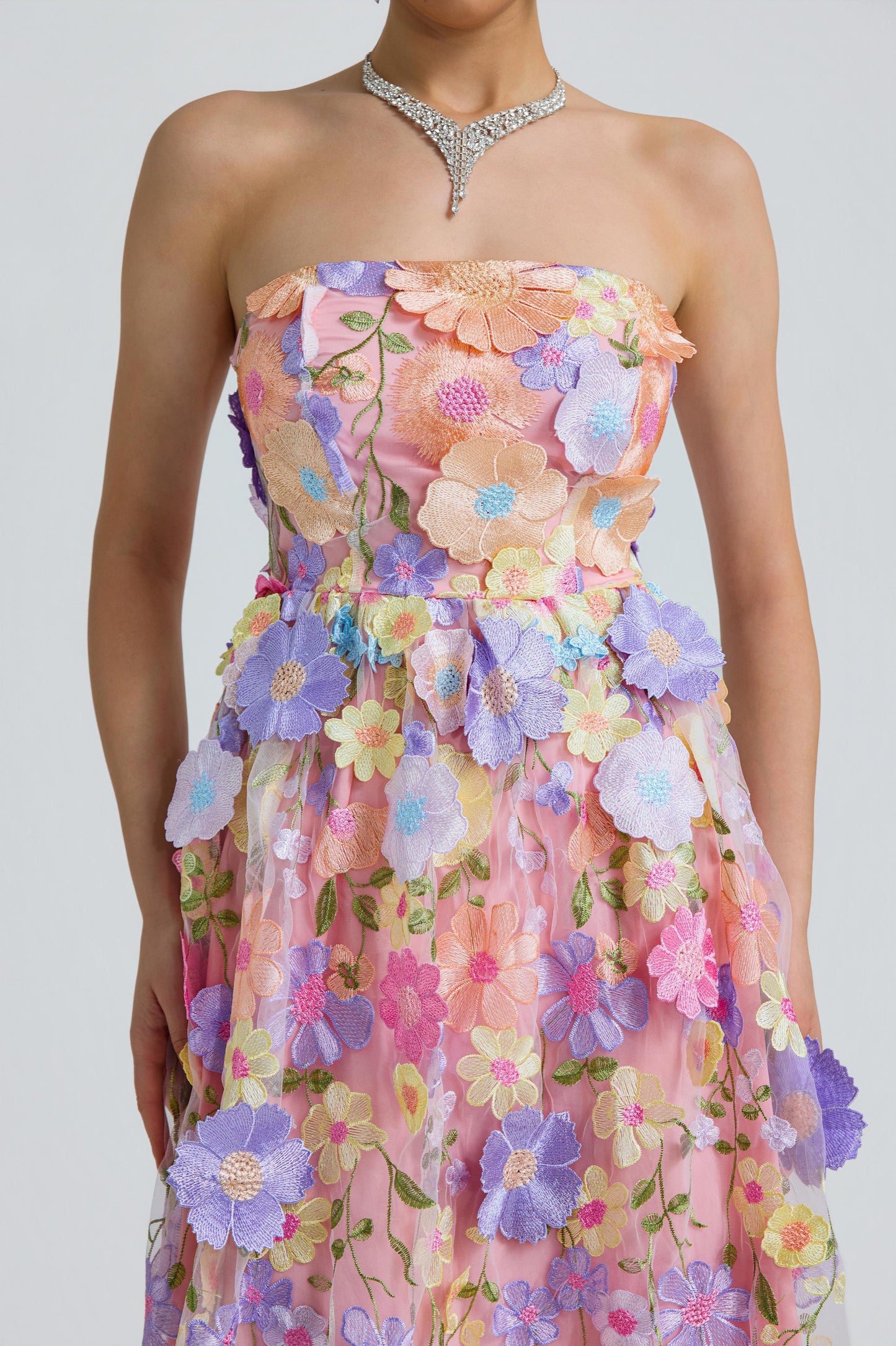Tulle 3D Floral Strapless Midi Dress