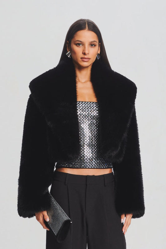 Maud Cropped Shawl Collar Faux Fur Jacket