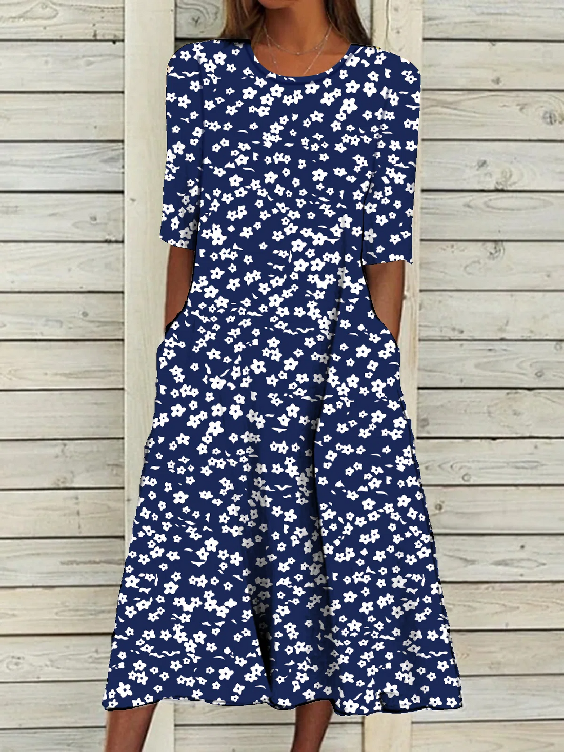 Round Neck Floral Casual Midi Dresses