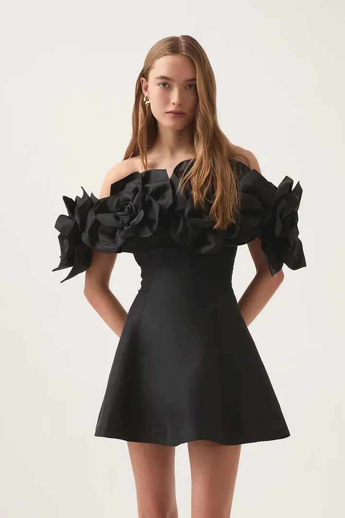 3D Flower Solid Off-Shoulder Mini Dress