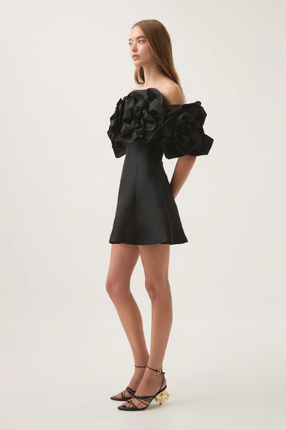 3D Flower Solid Off-Shoulder Mini Dress