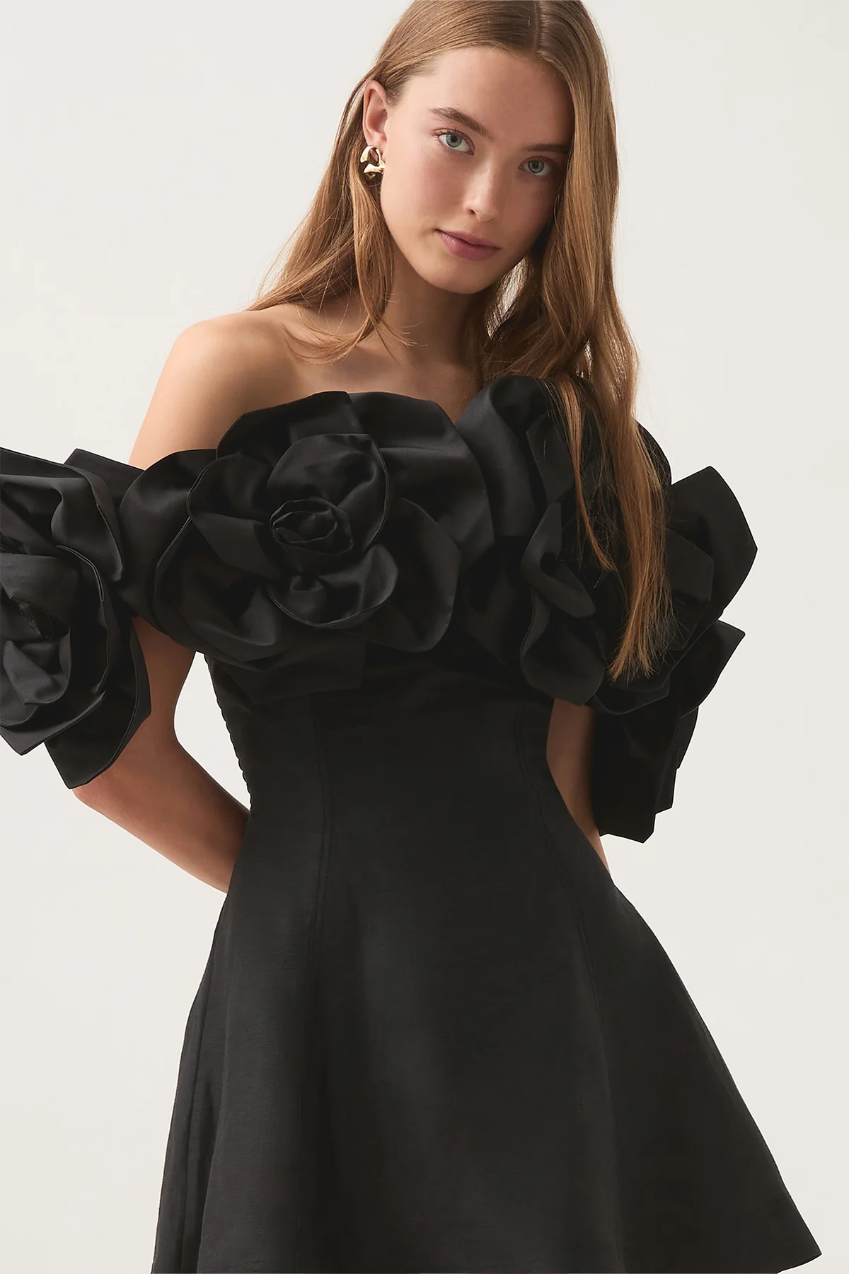 3D Flower Solid Off-Shoulder Mini Dress