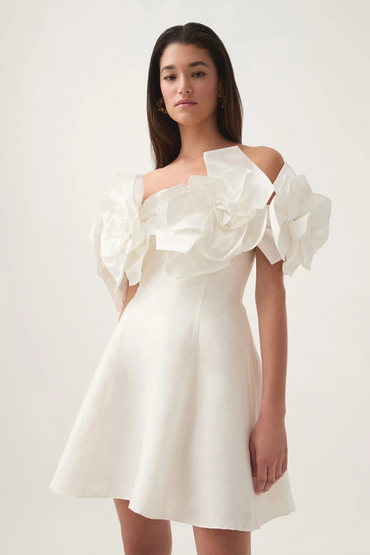 3D Flower Solid Off-Shoulder Mini Dress