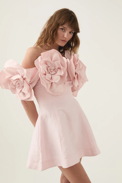 3D Flower Solid Off-Shoulder Mini Dress