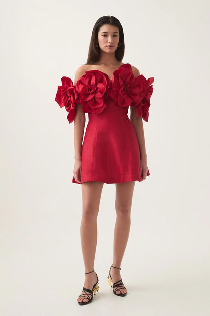 3D Flower Solid Off-Shoulder Mini Dress