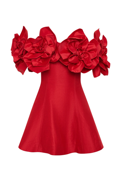 3D Flower Solid Off-Shoulder Mini Dress