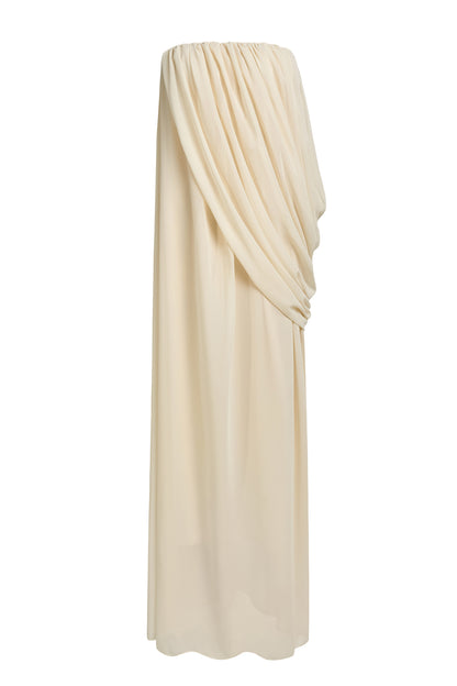 Solid Chiffon Gathering Off Shoulder Maxi Dress