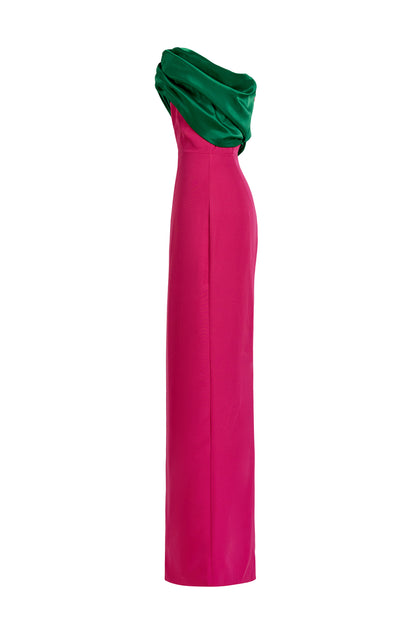 Satin Contrast Color Off Shoulder Maxi Dress