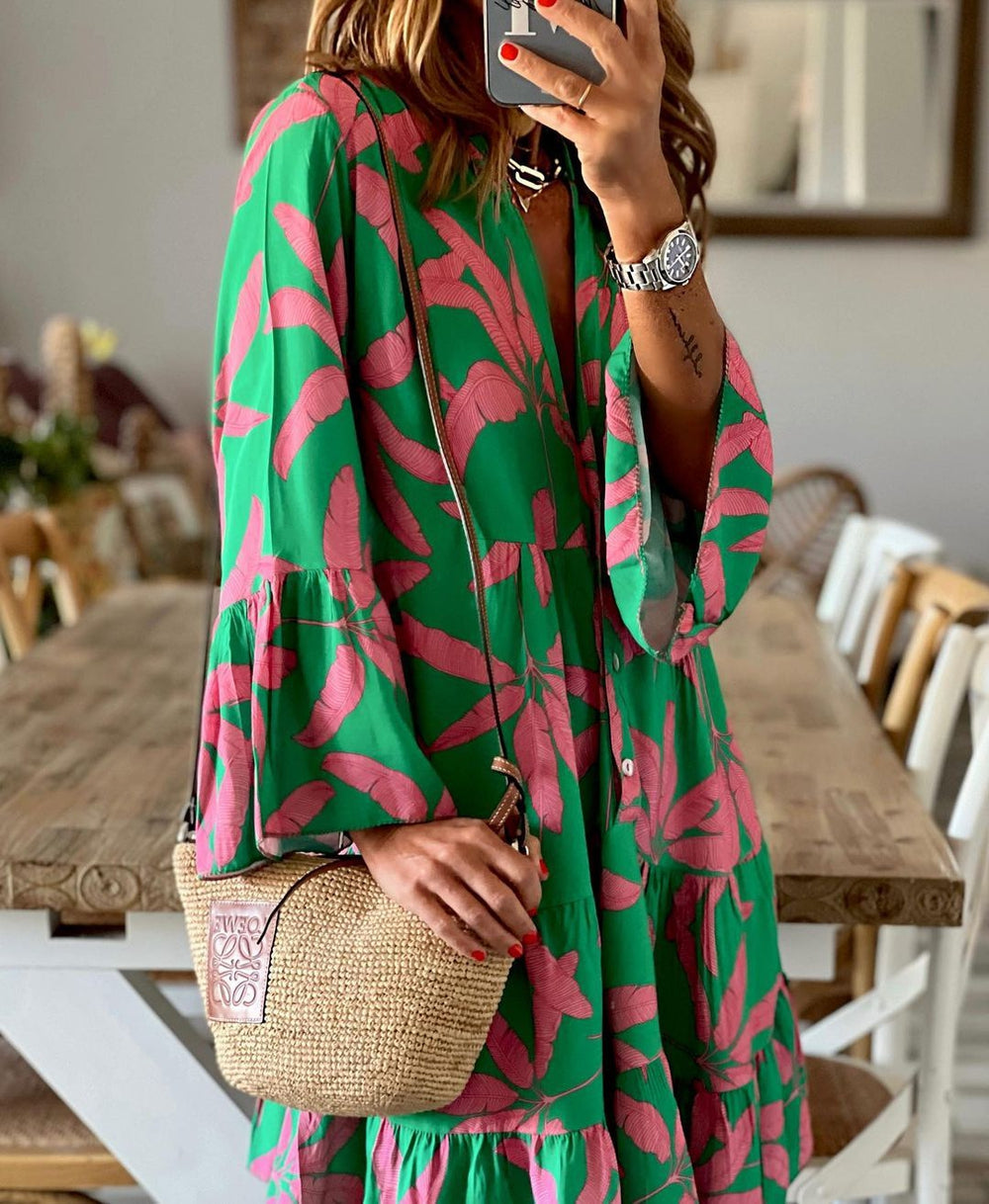 Green Print Long Sleeve V-Neck Mini Dress