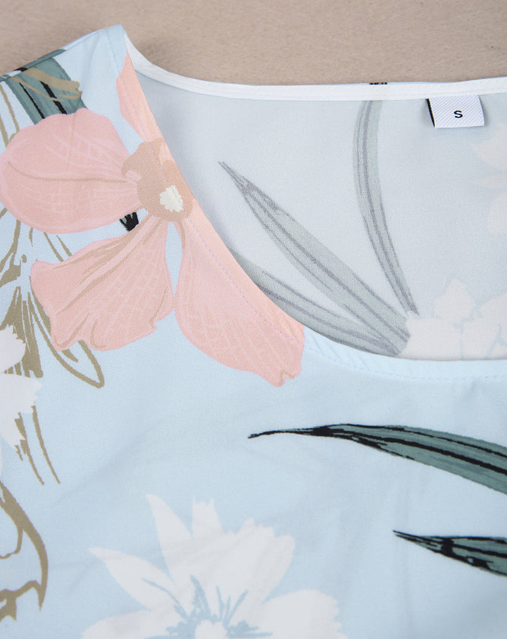 Baby Blue Floral Print Pleated Side Pocket Midi Dress