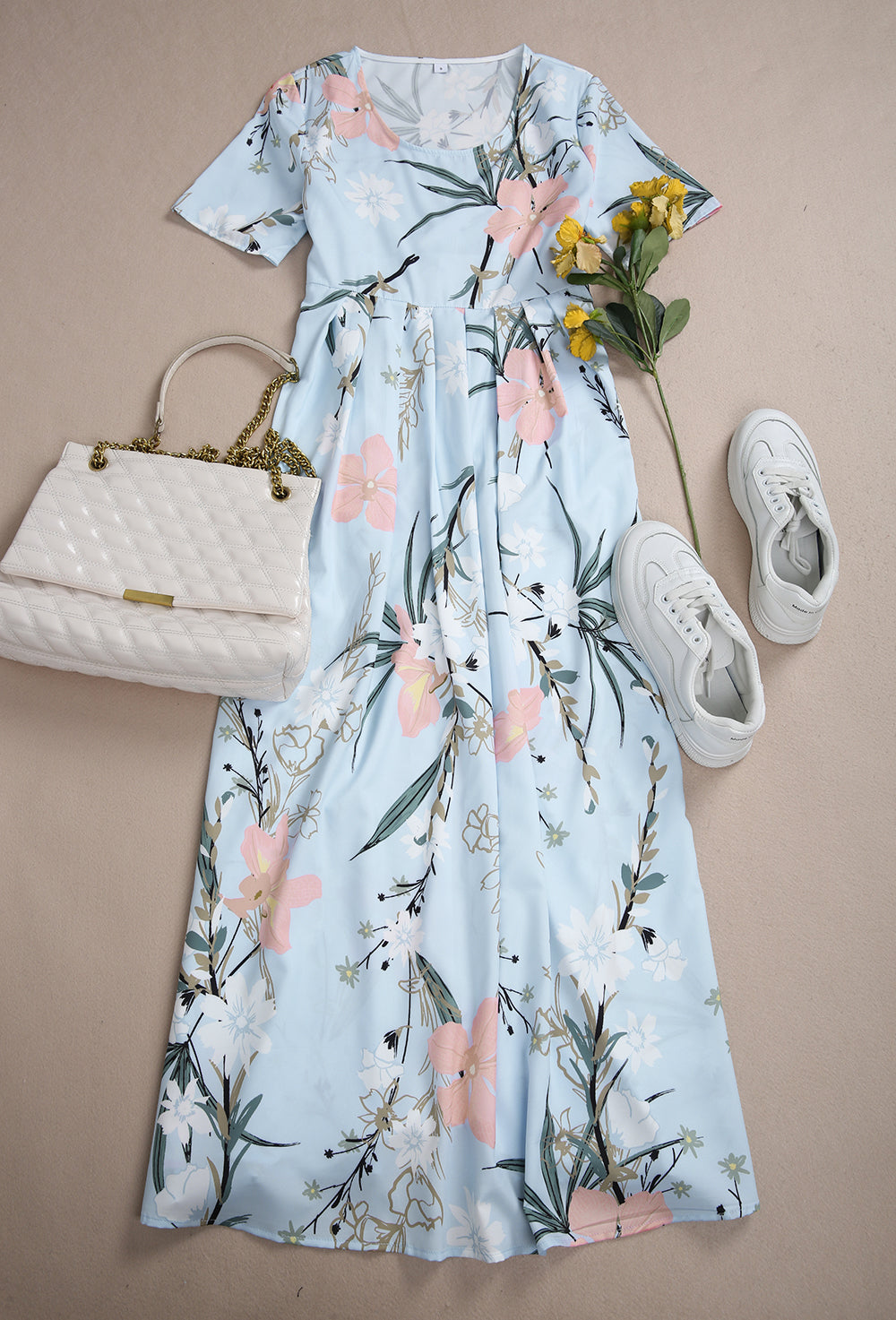Baby Blue Floral Print Pleated Side Pocket Midi Dress