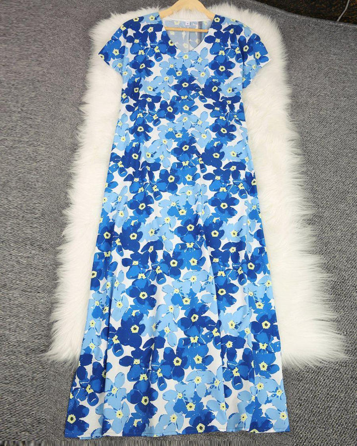 Stylish V-Neck Short Sleeve Printed Side Slit Maxi Dress