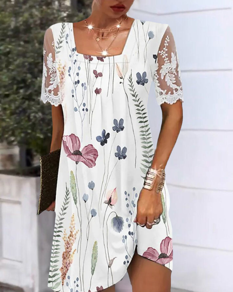 Floral Print Lace Sleeve Dress