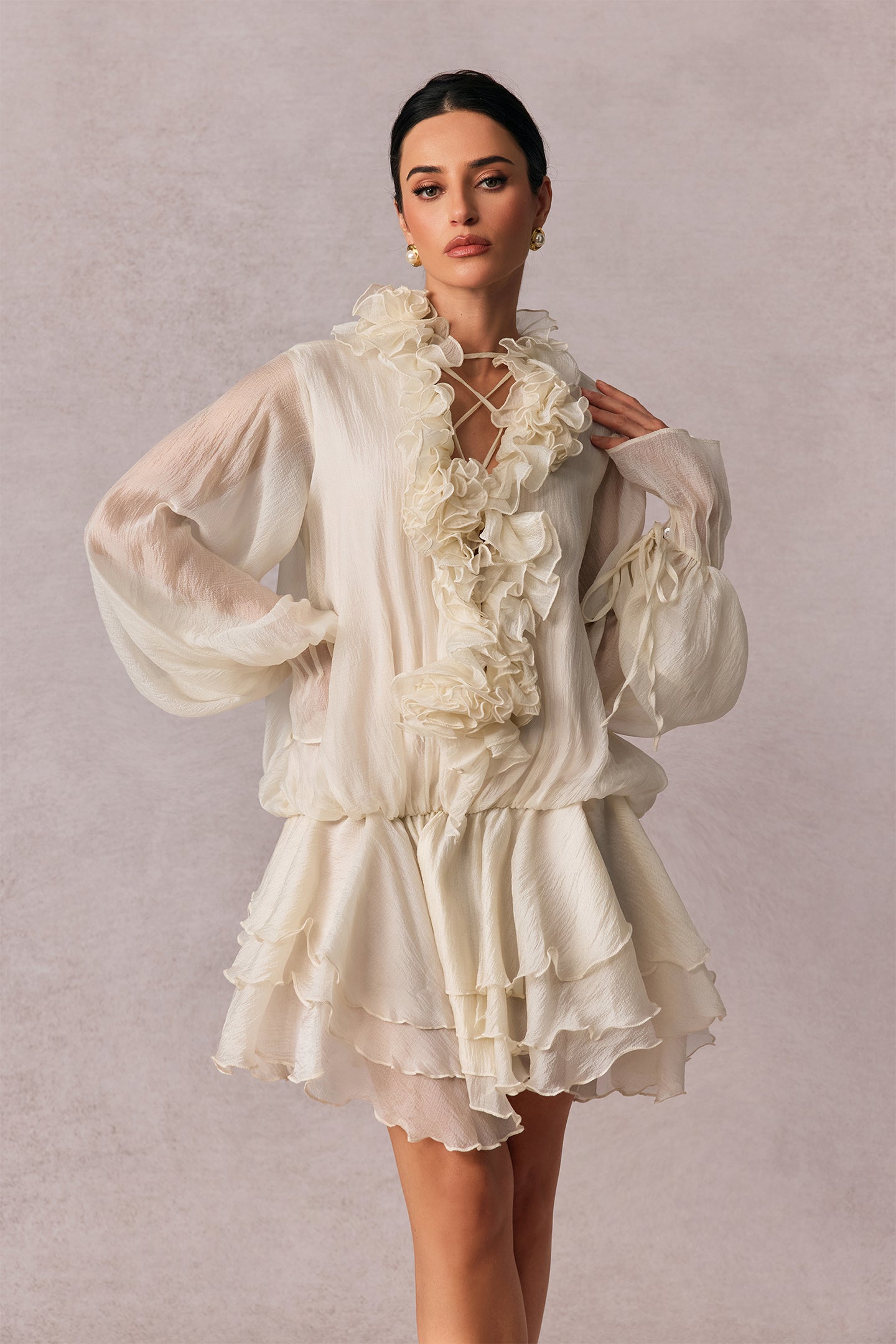 Olive Puff Sleeve Tiered Mini Dress