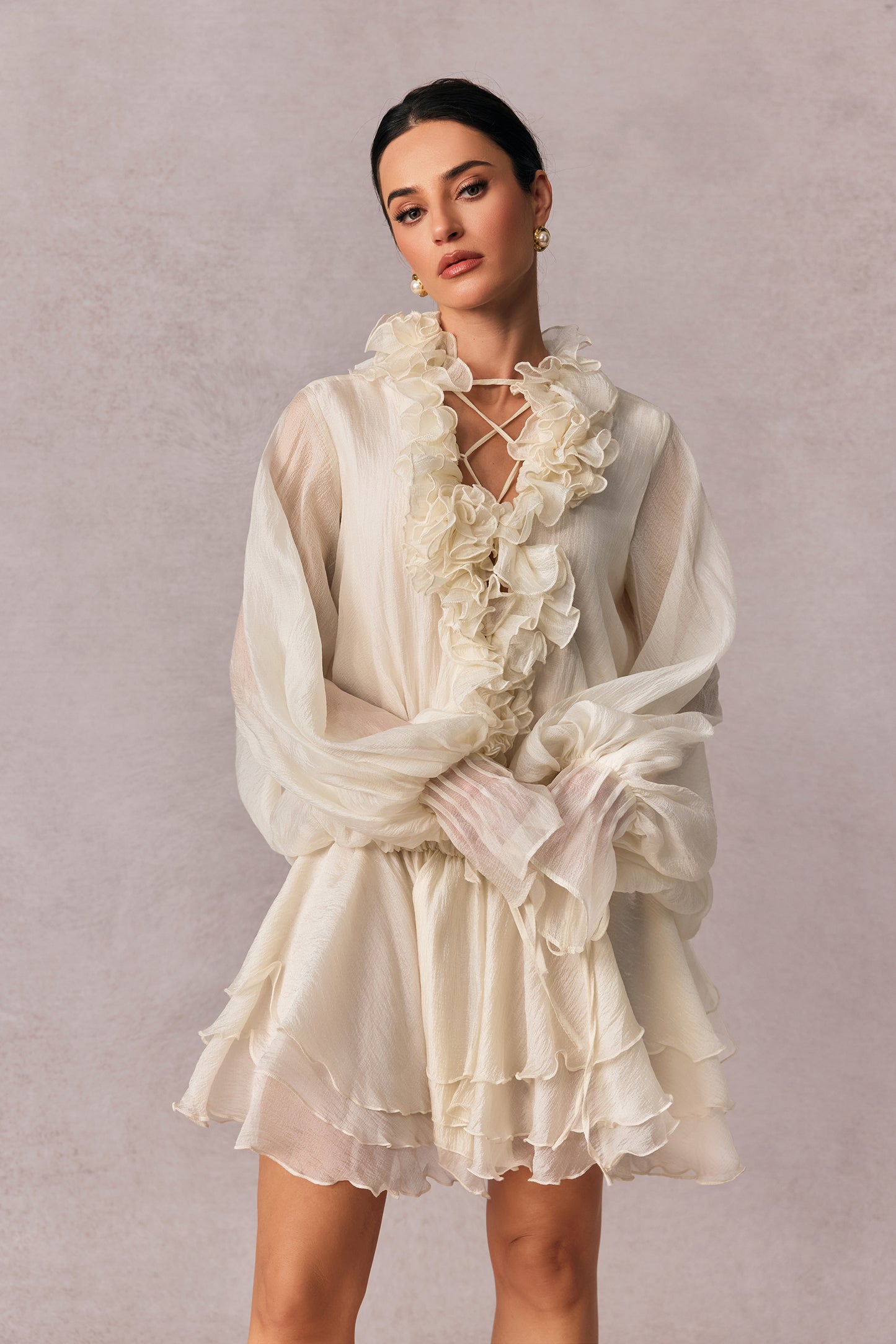 Olive Puff Sleeve Tiered Mini Dress