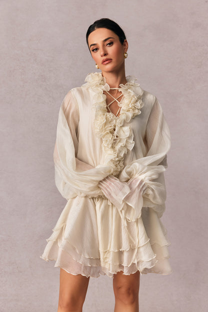 Olive Puff Sleeve Tiered Mini Dress