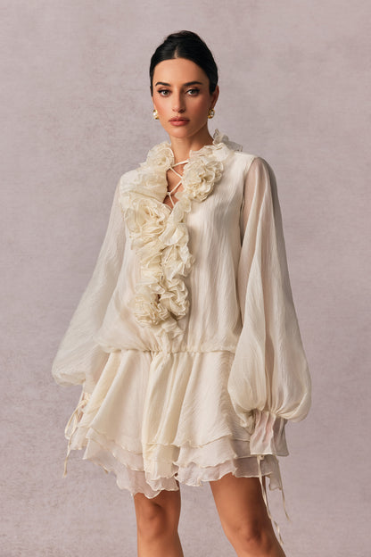 Olive Puff Sleeve Tiered Mini Dress