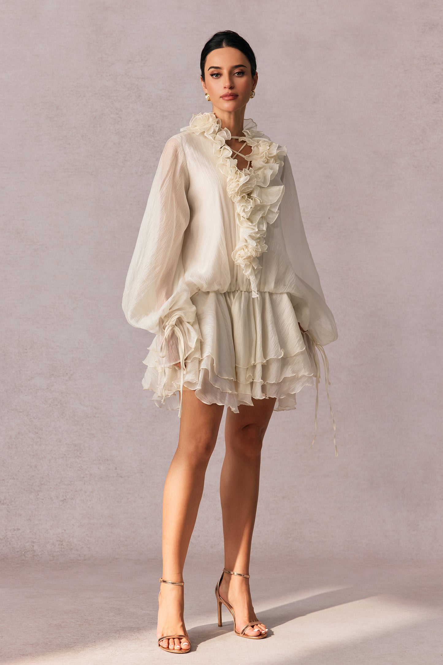 Olive Puff Sleeve Tiered Mini Dress