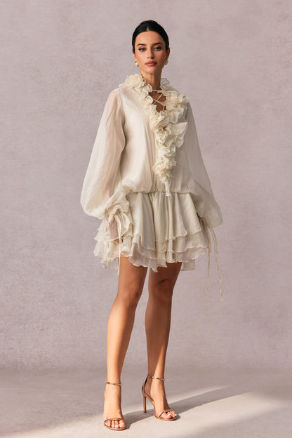 Olive Puff Sleeve Tiered Mini Dress