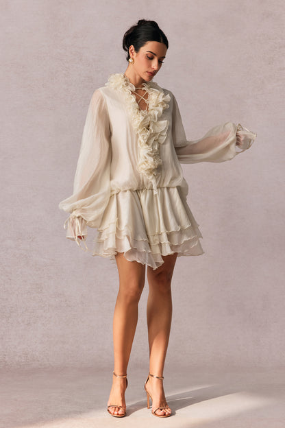 Olive Puff Sleeve Tiered Mini Dress