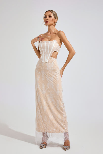 Una Apricot Lace Off-Shoulder Dress