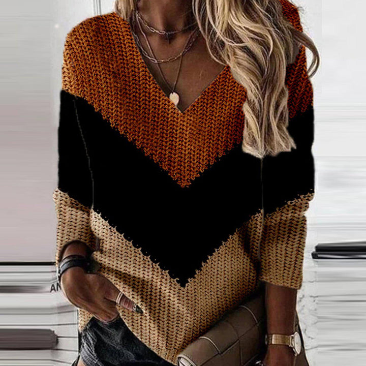 Popular Color Block Print V-Neck Sweater