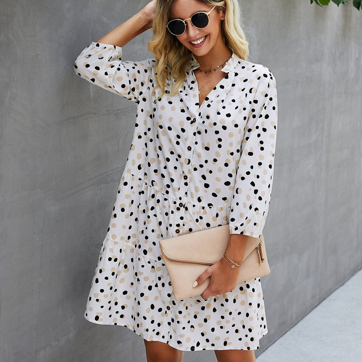 Polka Dot Print V Neck Button Casual Dress