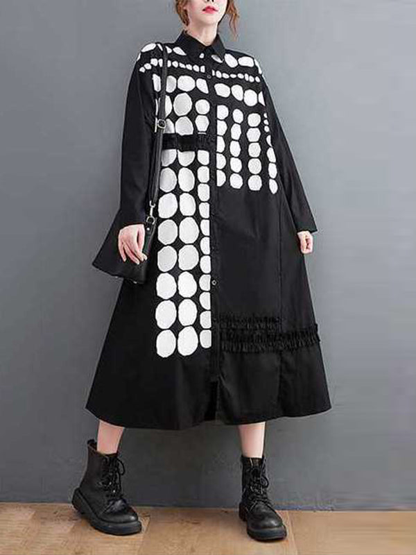 A-Line Long Sleeves Asymmetric Buttoned Polka-Dot Lapel Midi Dresses