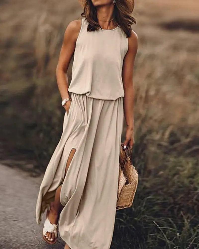 Pocket Detail Slit Casual Tank Dress