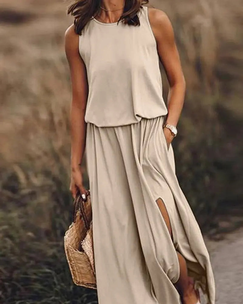 Pocket Detail Slit Casual Tank Dress