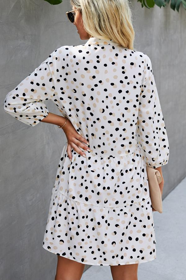 Polka Dot Print V Neck Button Casual Dress