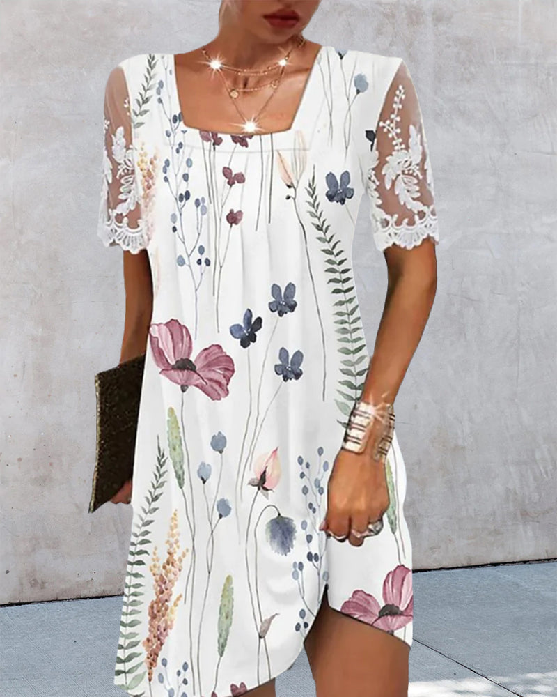 Floral Print Lace Sleeve Dress