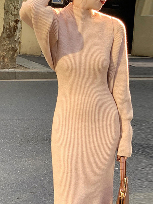 Long Sleeves Solid Color Mock Neck Cardigan Top + High Waisted Sweater Dress Two Pieces Set
