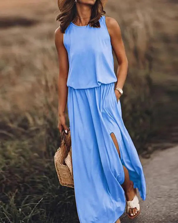 Pocket Detail Slit Casual Tank Dress