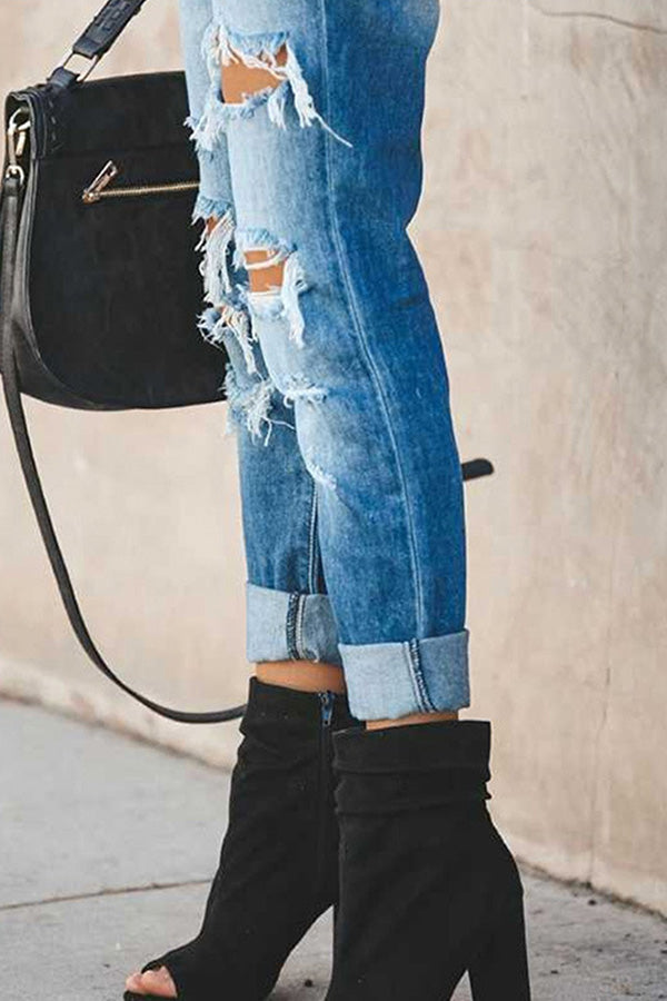 Ripped Cutout Single Button Jeans
