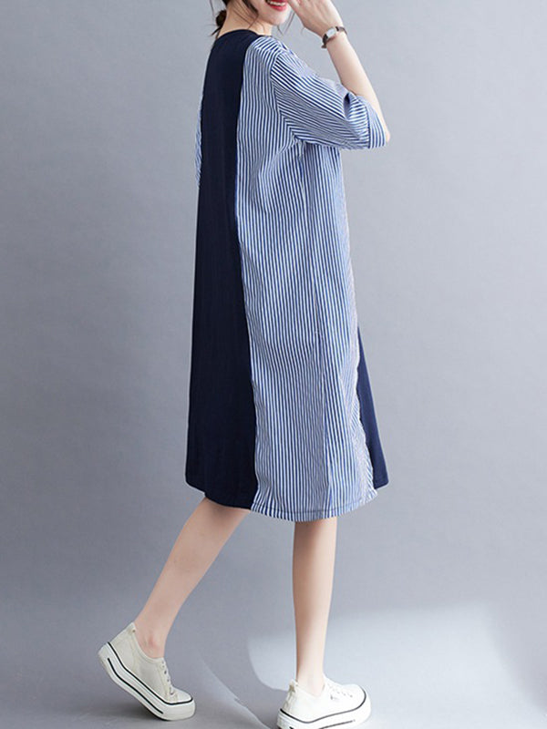 Loose Short Sleeves Split-Joint Striped Round-Neck Midi Dresses