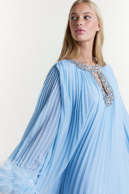 Yvonne Diamante Feathered Pleated Maxi Chiffon Dress