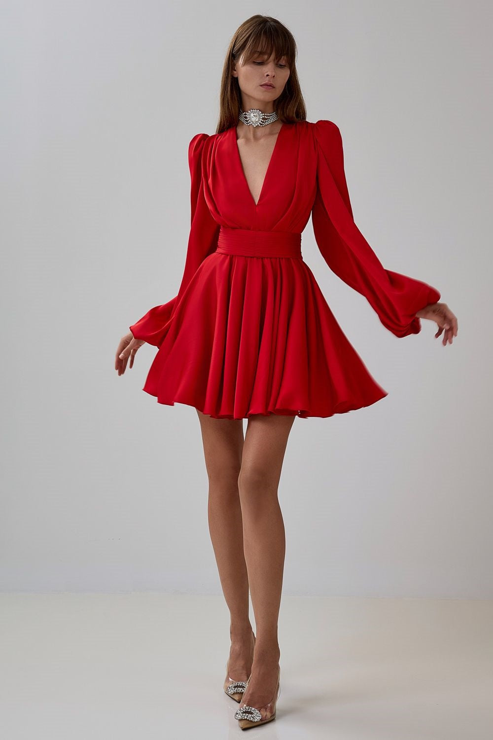 Janice V-neck Puff Sleeve Mini Dress