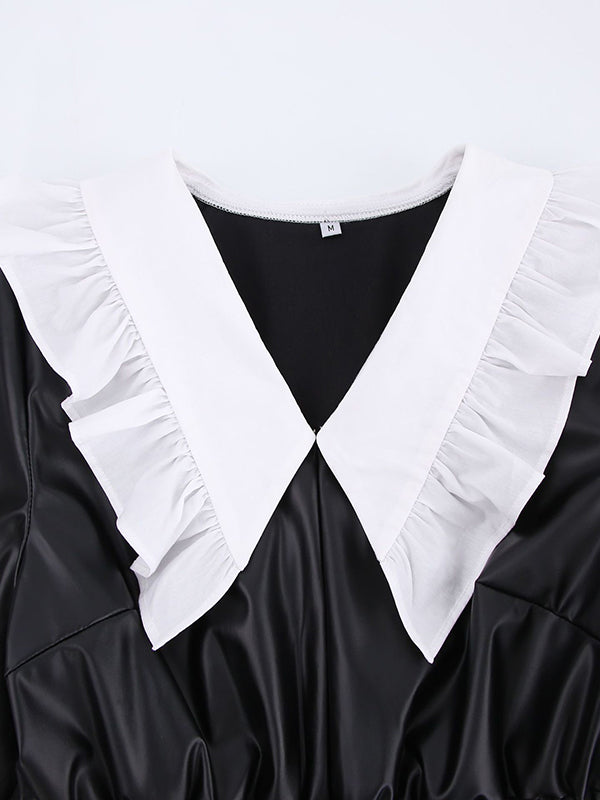 Loose Puff Sleeves Elasticity Pleated Split-Joint Peter Pan Collar Mini Dresses