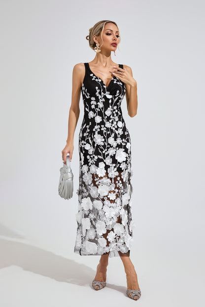 Keller Ture Black Mesh Print Floral Dress